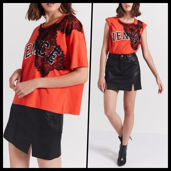 Current/Elliott Tops - Current/Elliott Lace Embroidered Oversized Short Sleeve Tee Black Orange Small
